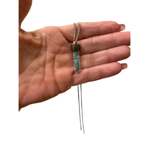 Miniature Glass Vial Necklace With Blue Turquoise Stones On Silver Chain - Picture 2 of 5